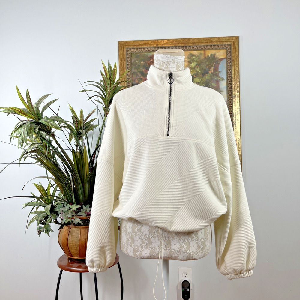 Balance Collection Womens S Ivory Textured Quarter Zip Pullover Sweatshirt